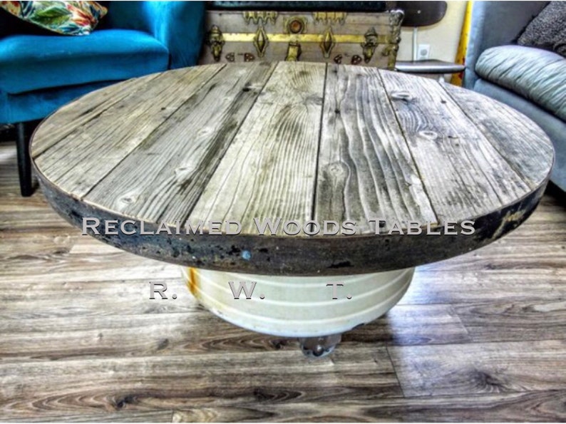 Wash tub basin coffee table / Reclaimed round wood / Metal Etsy