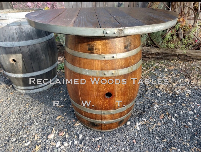 Bourbon Whiskey Barrel Table With Custom Barnwood Top Any Size Shape Color Outdoor Safe