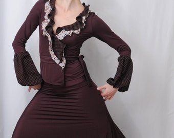 Flamenco performanc costume, eggplant, brown, polka dots, strechable, M, From Spain, hand made