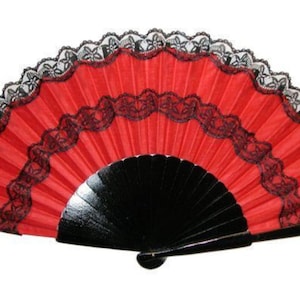 Large 24 Flamenco fan, abanico, red, black, Spanish, Andalucía, dance, accessory, from Sevilla, Seville wood, fabric, lace Black & Red