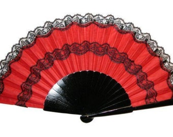 Large 24" Flamenco fan, abanico, red, black, Spanish, Andalucía, dance, accessory, from Sevilla, Seville wood, fabric, lace