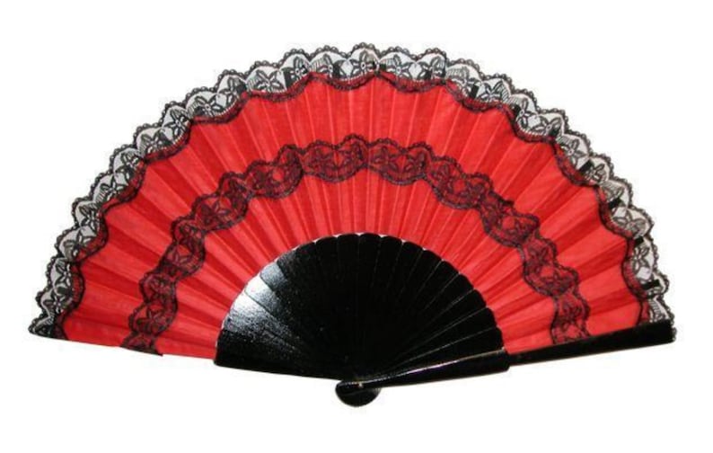 Large 24 Flamenco fan, abanico, red, black, Spanish, Andalucía, dance, accessory, from Sevilla, Seville wood, fabric, lace Black & Red