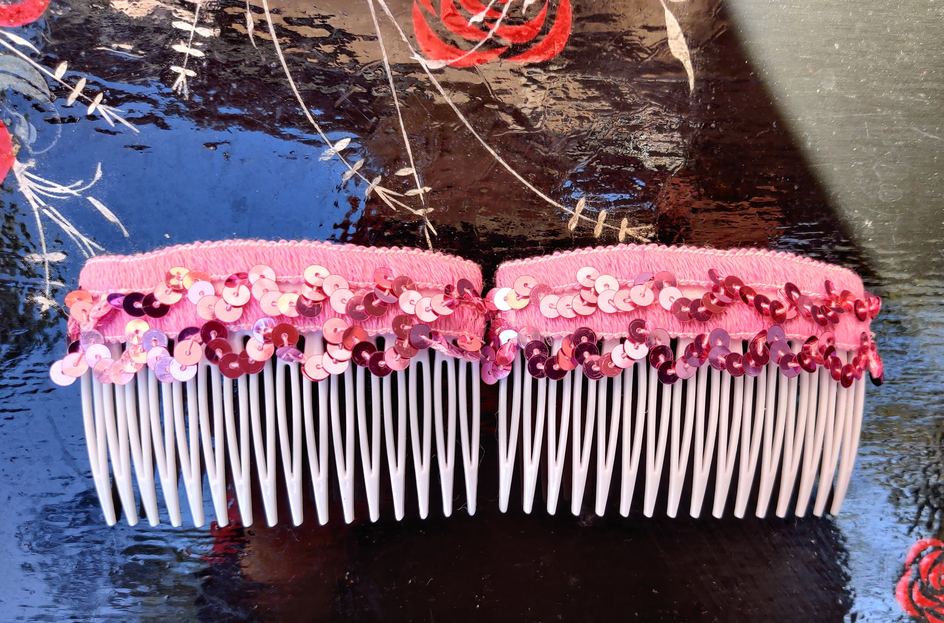 Flamenco Inspired Red Cream white Decorative Hair Combs Peinetas Set feria XL Flamenco Hair Comb, Red Plastic Peineta, Spanish Feria  main image 2