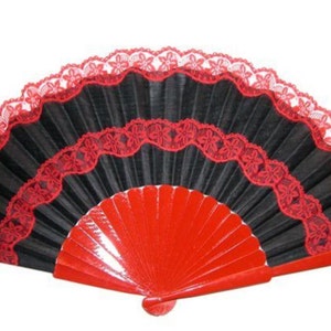 Large 24 Flamenco fan, abanico, red, black, Spanish, Andalucía, dance, accessory, from Sevilla, Seville wood, fabric, lace image 3