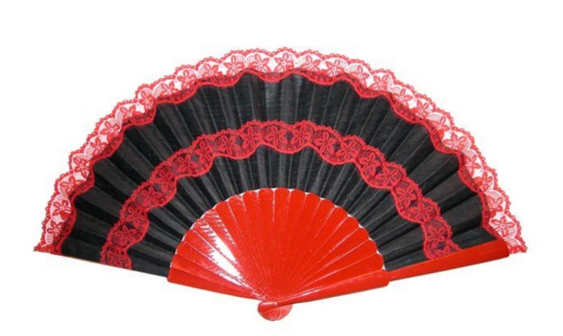 Large 24 Flamenco fan, abanico, red, black, Spanish, Andalucía, dance, accessory, from Sevilla, Seville wood, fabric, lace image 3