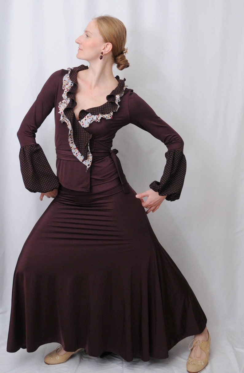 Flamenco performanc costume, eggplant, brown, polka dots, strechable, M, From Spain, hand made image 1