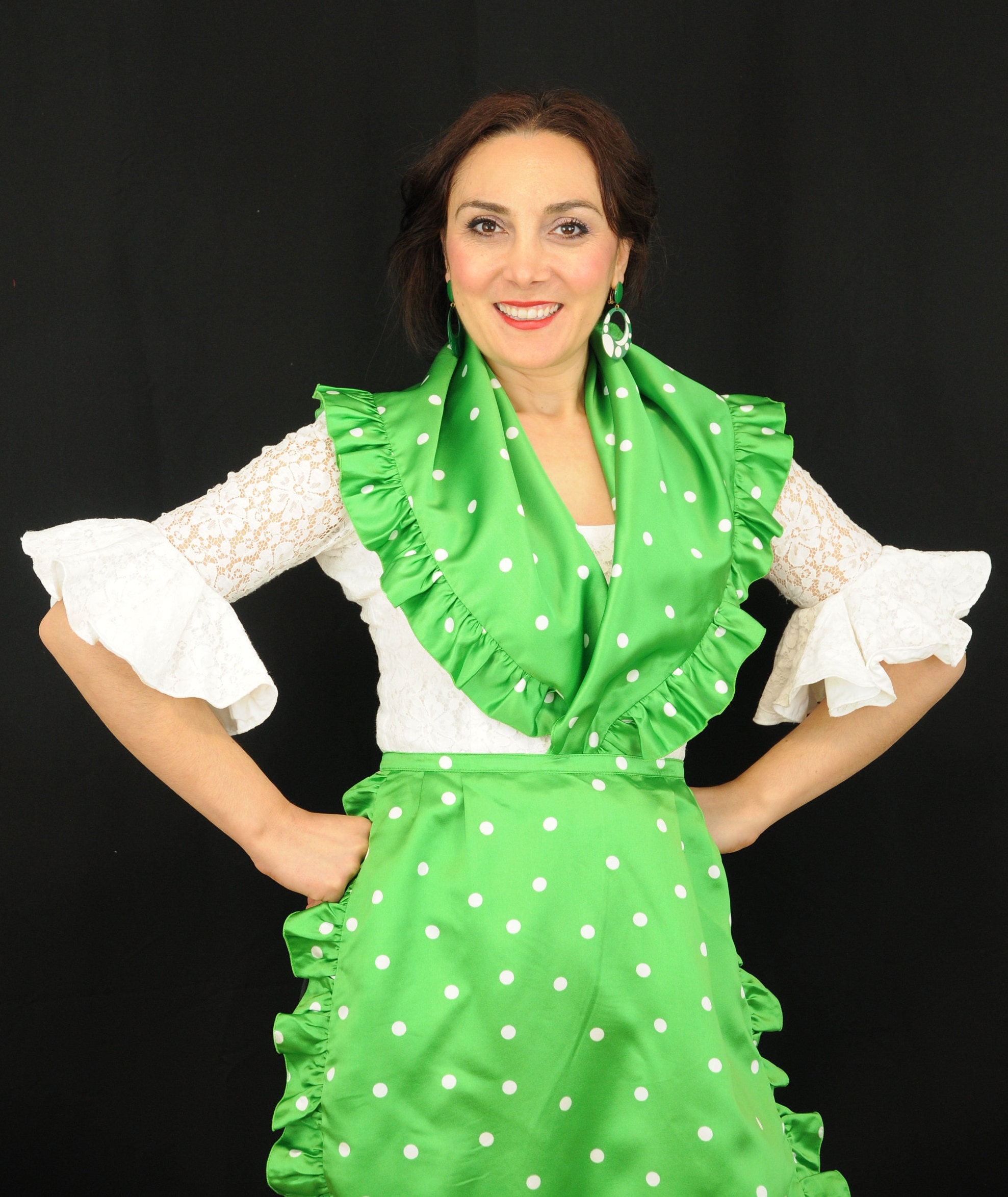Seville costume Flamenco apron set!- one size green mantoncillo hair accessory Spanish dance vintage white polka dots spain