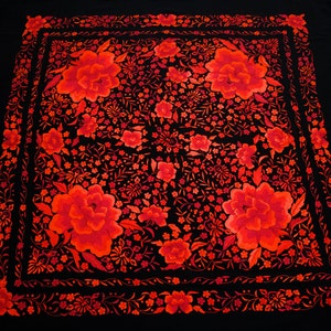 Exquisite Handmade Spanish Mantón de Manila: Intricate Silk Embroidery in Red & Black by Bordados Foronda Authentic Seville Flamenco Piece image 1