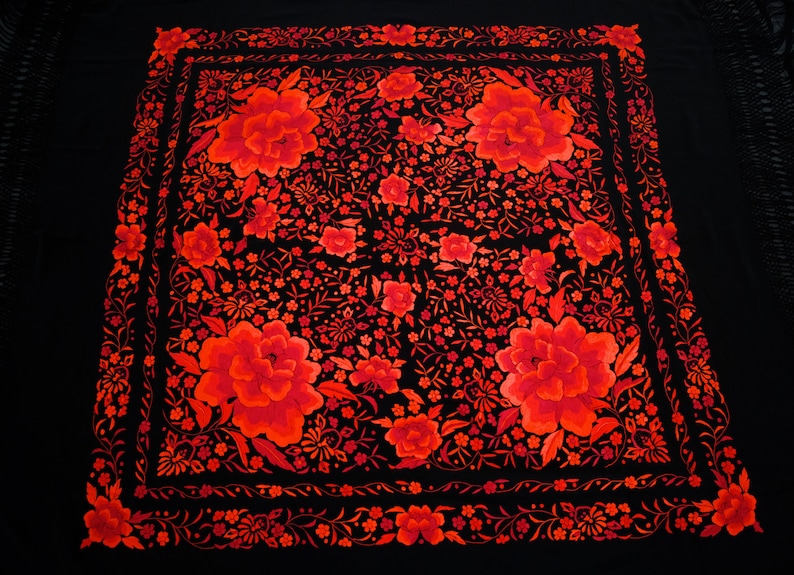 Exquisite Handmade Spanish Mantón de Manila: Intricate Silk Embroidery in Red & Black by Bordados Foronda Authentic Seville Flamenco Piece image 1