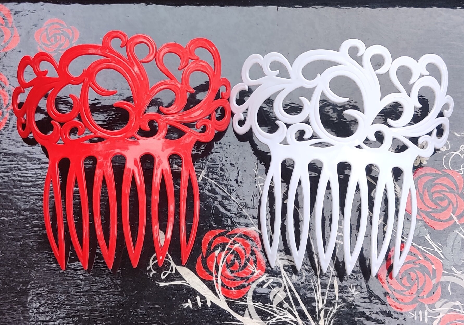 Flamenco Inspired Red Cream white Decorative Hair Combs Peinetas Set feria XL Flamenco Hair Comb, Red Plastic Peineta, Spanish Feria  main image 3