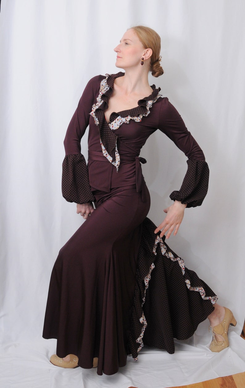 Flamenco performanc costume, eggplant, brown, polka dots, strechable, M, From Spain, hand made image 5