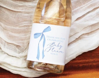 Personalized Baby Shower Mini Champagne Labels Blue Bow Baby Shower Favors Thank You Baby Shower Favors For Guests Pink Bow Coquette BB036