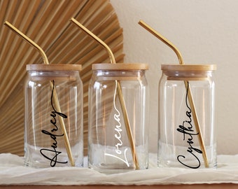 Personalized Glass Iced Coffee Cup Beer Can Personalized Glass Tumbler With Straw Gift For Bridesmaid Gift For Her Bamboo Lid Cup