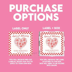 May include: A pink graphic showing two purchase options for a square label with a red and white checkered border. The label features a heart-shaped pizza illustration, the text Special Delivery, BABY MARTINEZ, and December 2025.