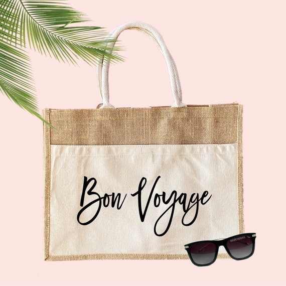 Bon Voyage Burlap Jute Tote Bag Tote Bag Vacay Vacation 