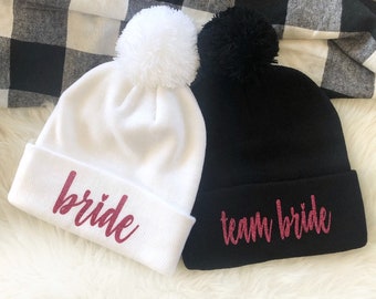 Bride Beanie | Team Bride Beanie | Pom Pom Beanies | Winter Bachelorette | Weekend In The Woods | Flannel Fling | Flannels And Fizz | Bride