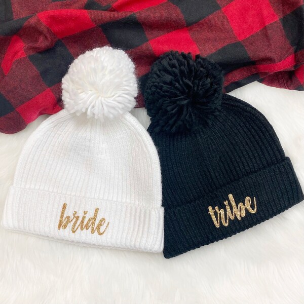 Bride Beanie | Tribe Beanie | Pom Pom Beanies | Winter Bachelorette | Weekend In The Woods | Flannel Fling | Flannels And Fizz | Bride Tribe