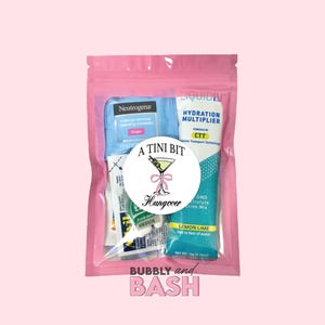 May include: A pink zippered pouch with the text "BUBBLY and BASH" printed on the front. The pouch contains a variety of items, including a small bottle of liquid IV hydration multiplier, a packet of electrolyte drink mix, a small tube of lemon lime powder, and a pack of makeup remover cleansing towelettes. A round sticker with a martini glass and the text "A TINI BIT Hungover" is on the front of the pouch.
