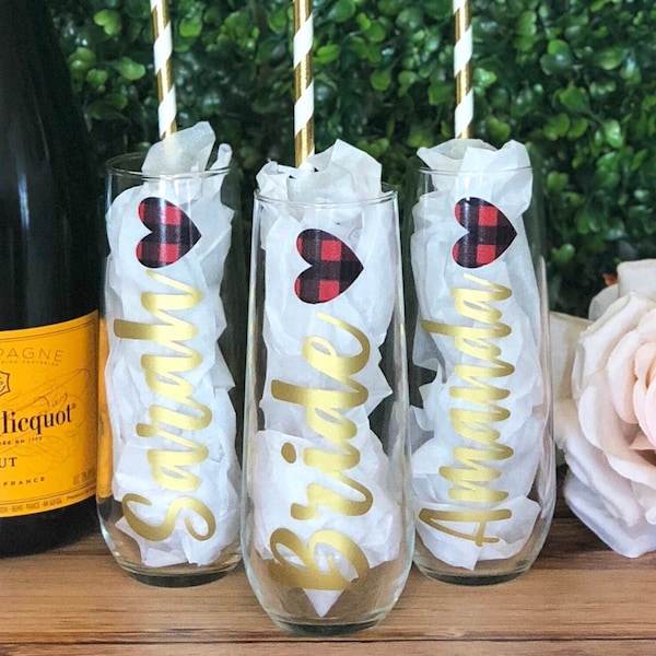 Personalized Champagne Flutes | Mountain Bachelorette | Flannel Fling | Flannles and Fizz | Buffalo Plaid Bachelorette Party