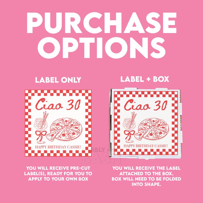 May include: Pink background with white text reading "PURCHASE OPTIONS." Two options are shown: "LABEL ONLY" and "LABEL + BOX." Both feature a red and white checkered design with pizza and drink illustrations, the text "Ciao 30" and "HAPPY BIRTHDAY CASSIE!"
