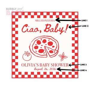 May include: A square, red and white checkered design with the text "MILLER PIZZERIA" and "Ciao, Baby!". A pizza illustration is in the center, with the text "OLIVIA'S BABY SHOWER" and the date "August 26, 2026".