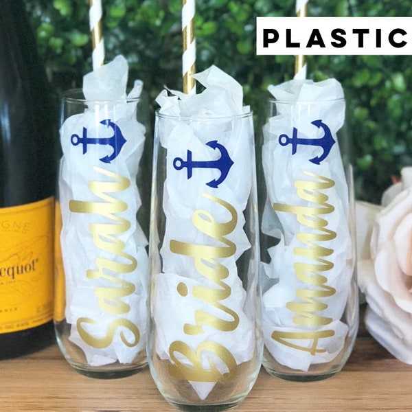 PLASTIC Personalized Champagne Flutes | Nautical Bachelorette Party Cups | Last Sail Before The Veil | Bachelorette Party Champagne Flutes