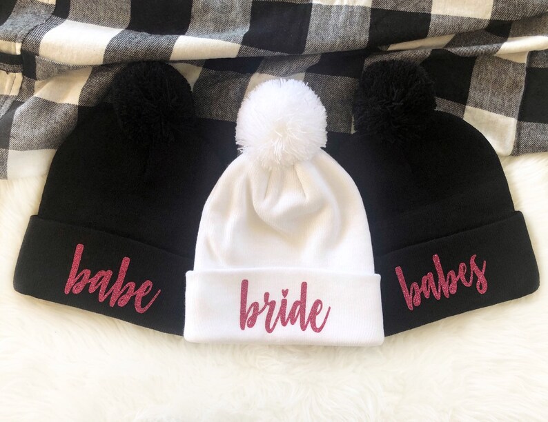 Weekend In The Woods Flannel Fling Flannels And Fizz Winter Bachelorette Brides Babes Hats Bride Beanie Pom Pom Beanies