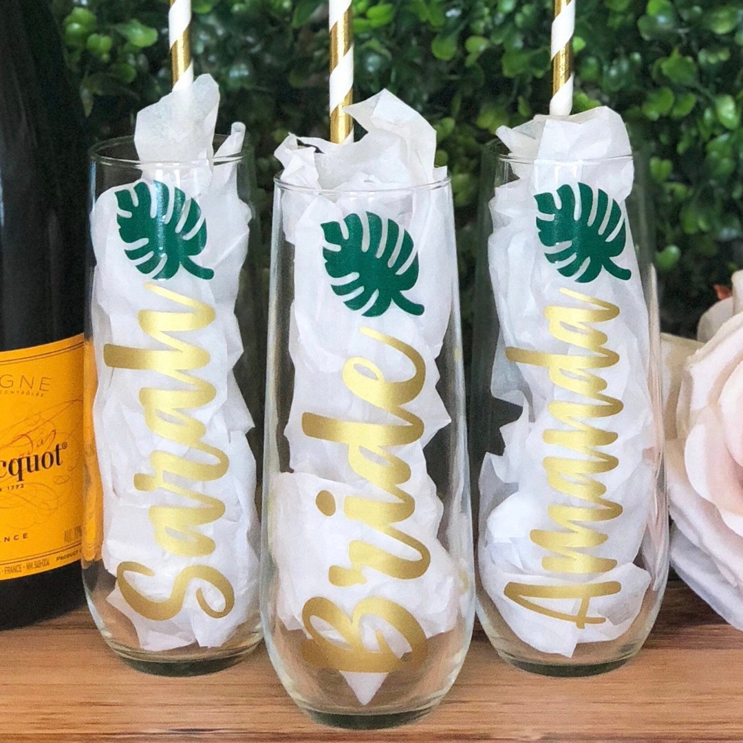 Personalized Champagne Flutes Tropical Bachelorette Party Palm Leaf