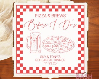 Pizza Rehearsal Dinner Wedding Pizza Box Labels Brews Before Wedding Pizza Sticker Wedding Pizza Box Personalized Custom Pizza Party BB1628
