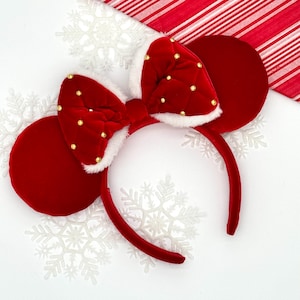 Oreilles de Minnie de Noël, oreilles de vacances Disney, bandeaux de Noël Disney joyeux, oreilles de Noël Disney en velours rouge joyeux Noël.