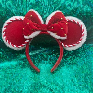 Oreilles de Minnie de Noël, oreilles de vacances Disney, bandeaux de Noël Disney joyeux, oreilles de Noël Disney en velours rouge joyeux Noël.