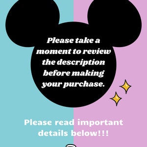 Pode incluir: Uma ilustra&ccedil;&atilde;o em preto e branco da cabe&ccedil;a do Mickey Mouse com o texto "Por favor, reserve um momento para revisar a descri&ccedil;&atilde;o antes de fazer sua compra." e "Por favor, leia os detalhes importantes abaixo!!!" em um fundo rosa e azul.