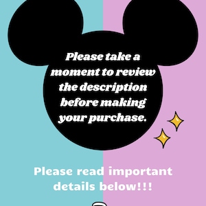 Puede incluir: Una ilustraci&oacute;n en blanco y negro de la cabeza de Mickey Mouse con el texto "Por favor, t&oacute;mate un momento para revisar la descripci&oacute;n antes de realizar tu compra." y "&iexcl;Por favor, lee los detalles importantes a continuaci&oacute;n!!!" sobre un fondo rosa y azul.