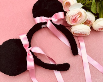 Coquette Disney ears, Disney ears, Minnie ears, Disney Ears Headband, Mickey Ears bows pink, Mickey Ears black with bows pink.