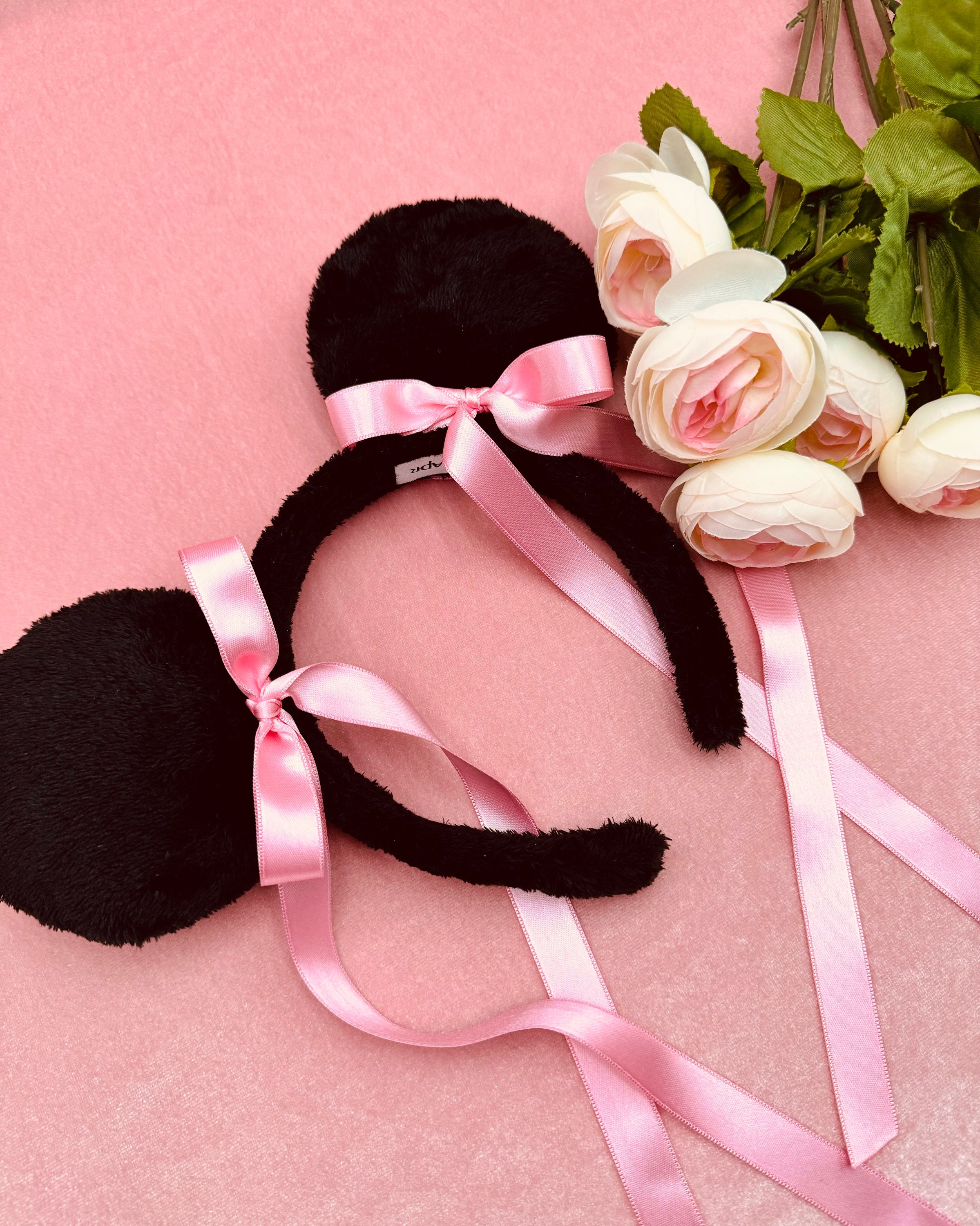Disney Black and Pink Minnie Mouse Ears with Bow Mickey Ears - Velvet Mickey Ears – Little Ears Boutique main image 3