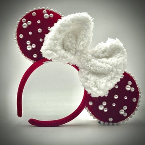 Oreilles de Minnie en velours rouge, oreilles Disney rouges, oreilles de vacances Disney, bandeaux Disney Joyeux Noël, Disney Joyeux Noël.