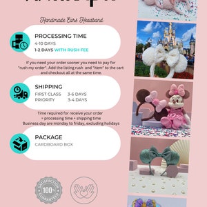 May include: Handmade mouse ears headband in pink, white and blue. The headband is made from soft, fluffy material. The image also includes text overlay with information about processing time, shipping and packaging.