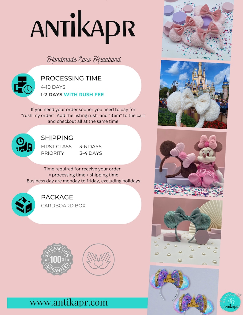 May include: Handmade mouse ears headband in pink, white and blue. The headband is made from soft, fluffy material. The image also includes text overlay with information about processing time, shipping and packaging.