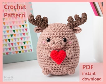 Crochet Pattern [PDF] - Moose with Heart | Moose Amigurumi | Valentine's Moose | Maple Moose