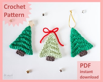 May include: Three handmade crochet Christmas tree ornaments in green and light green with brown bases. One tree has a wooden star, another has a red bow, and the third has a gold string. The image includes the text "Crochet Pattern" and "PDF instant download".