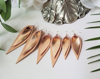 Metallic Rose Gold Leather Leaf Earrings, 80's Earrings, Statement Rose Gold Earrings, Boho Earrings, Large Leaf Earrings, Pink Leather