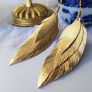 Gold Leather Statement Earrings, Statement Feather Earrings, Vacation Earrings, Leather Anniversary Gift, Oversized Statment Gold Earrings