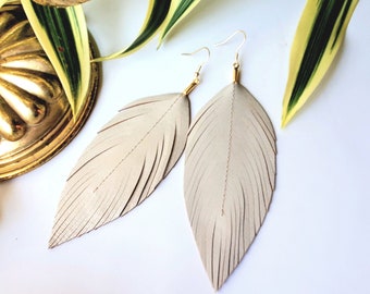 Cream Leather Earrings Leather Anniversary Gift Ivory Leather Joanna Gaines Inspired Earrings Leather Feather Earrings Bridal Earrings
