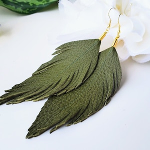Olive Green Leather Feather Earrings, Genuine Leather Leaf Earrings, Plant Lover Jewelry Gift, Army Green Statement Boho Fringe Earrings