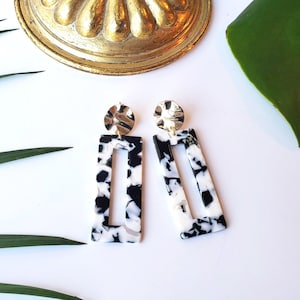 Rectangle Earrings, Gold Geometric Statement Earrings, Black and White Earrings, Marbleized Acrylic Earrings, Tortoiseshell Earrings, Shapes