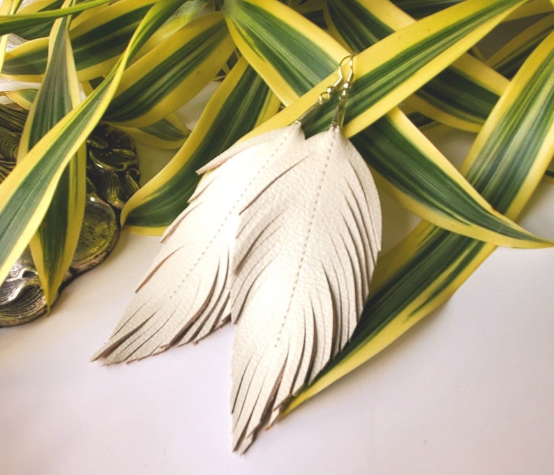 Cream Leather Earrings Leather Anniversary Gift Ivory Leather Joanna Gaines Inspired Earrings Leather Feather Earrings Bridal Earrings