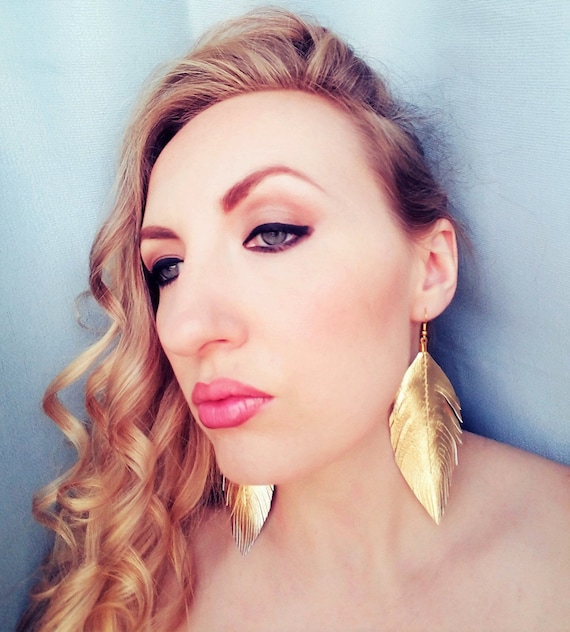 Gold Leather Feather Earrings, Feather Earrings, Leather Fringe Earrings, 80's Earrings, Leather Leaf Earrings, Boho Statement Earrings