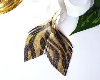 Leather Earrings, Gold Statement Earrings, Metallic Zebra Print, Leather Feather Earrings