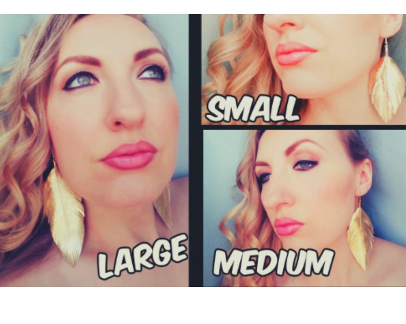 May include: Three pairs of gold feather earrings in different sizes: small, medium, and large. The earrings are shown on a model with blonde hair and makeup.