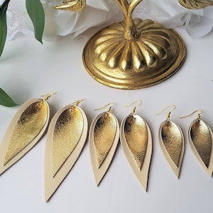 Leather Leaf Earrings, Yellowstone Style Ranch Earrings, Boho Statement Earrings, Ivory and Gold Leather Earrings, Pinched Leaf Jewelry